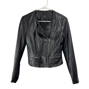 Zara Trf Size Small Black Faux Leather Moto Biker Jacket Zip Stretch Sleeves